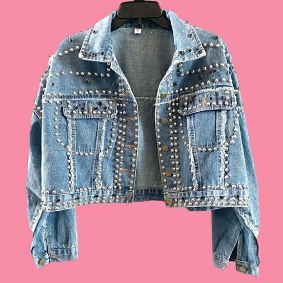 Jackets & Blazers - Hand Beaded Rivet Studded Blue Jean Jacket One Size Denim Rodeo Festival Cropped